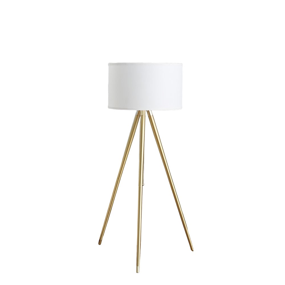Gold Metal Adjustable Tripod Floor Lamp With White Linen Drum Shade