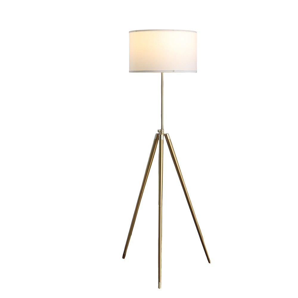 Gold Metal Adjustable Tripod Floor Lamp With White Linen Drum Shade