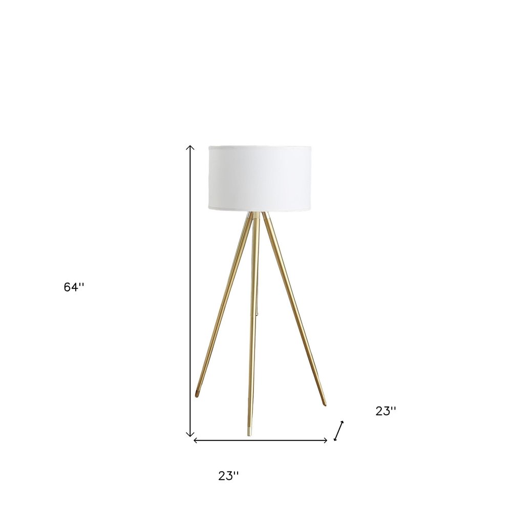 Gold Metal Adjustable Tripod Floor Lamp With White Linen Drum Shade