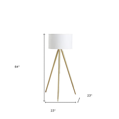 Gold Metal Adjustable Tripod Floor Lamp With White Linen Drum Shade