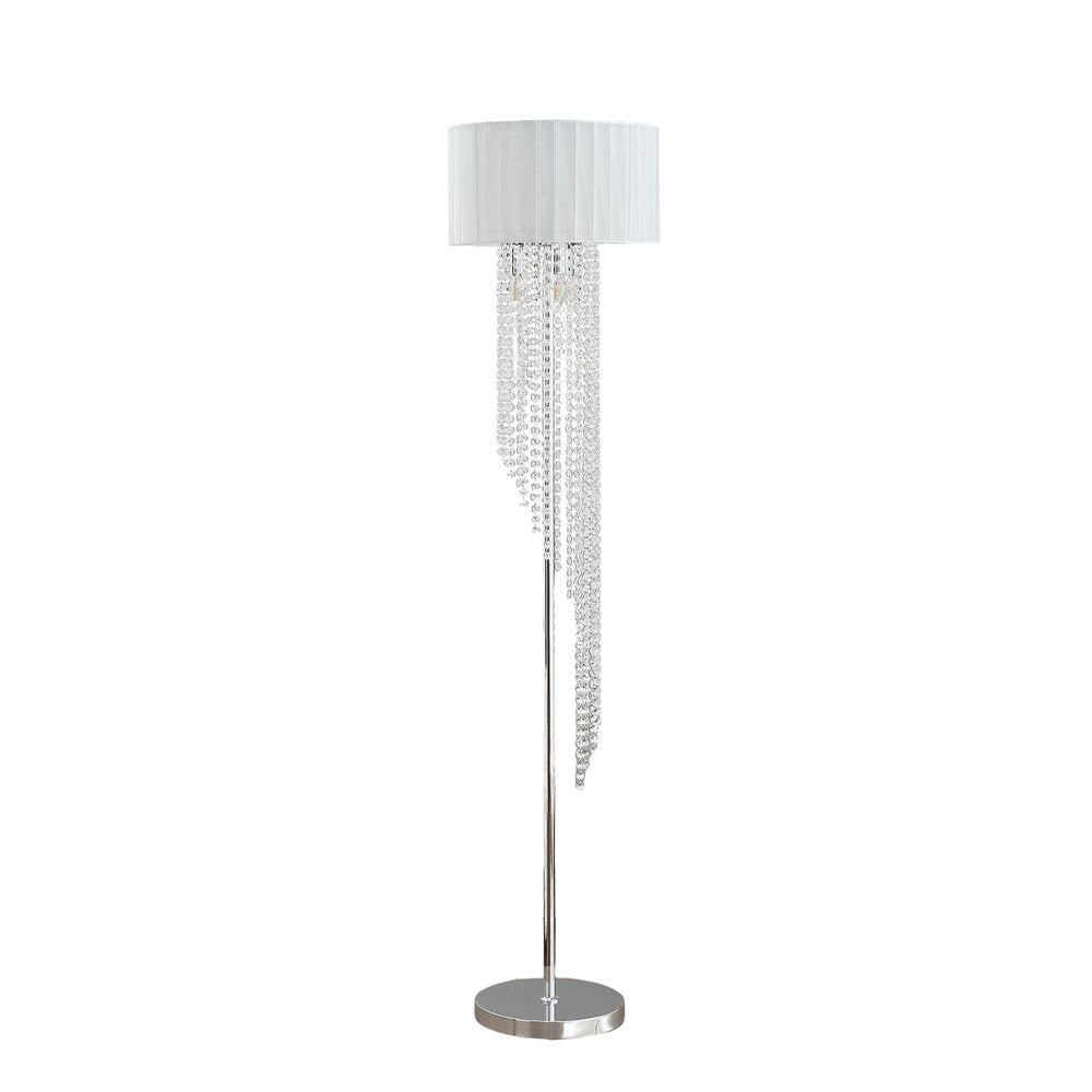 66" Clear And Silver Crystal And Metal Floor Lamp With White Linen Drum Shade