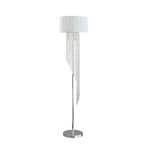 66" Clear And Silver Crystal And Metal Floor Lamp With White Linen Drum Shade