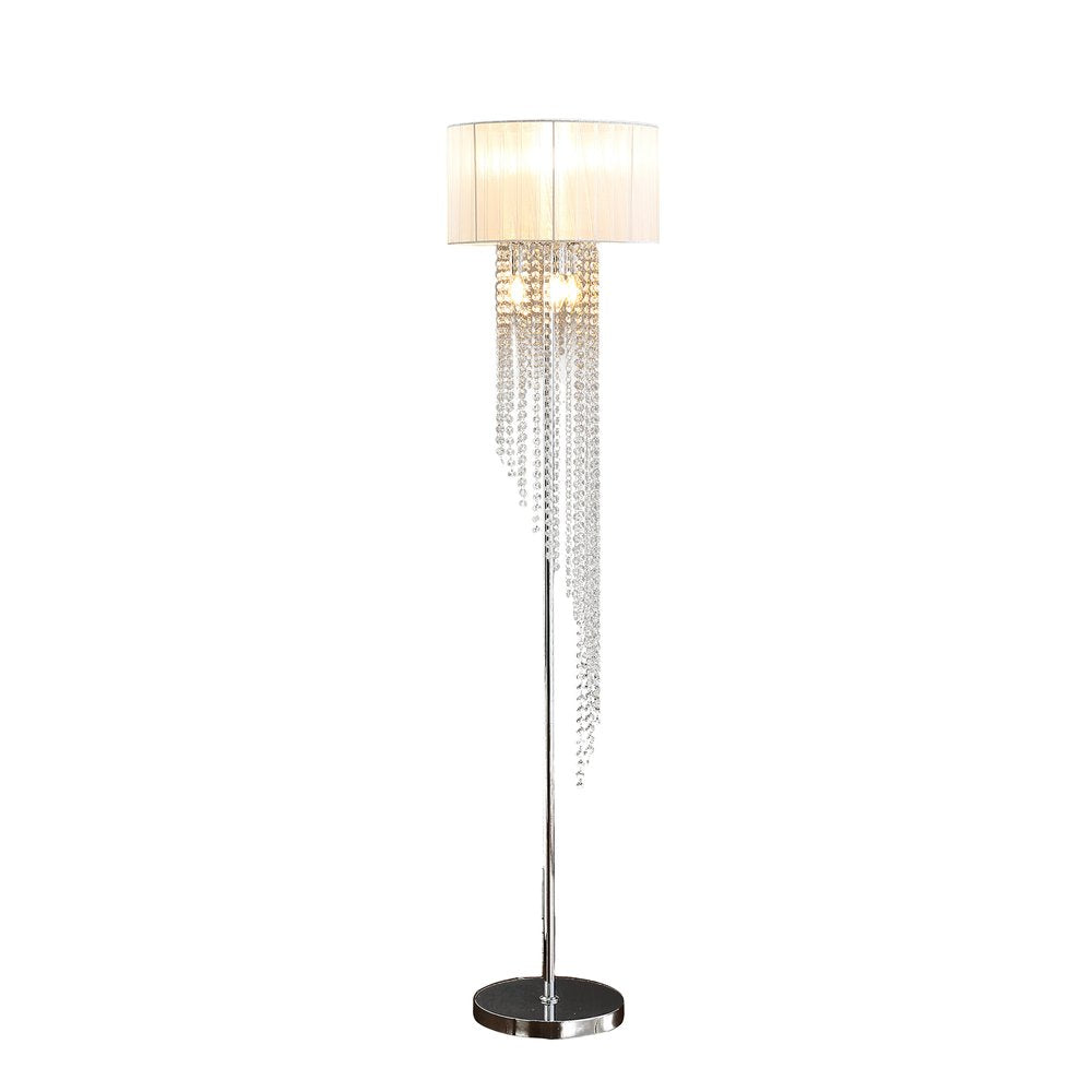 66" Clear And Silver Crystal And Metal Floor Lamp With White Linen Drum Shade