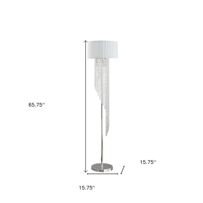 66" Clear And Silver Crystal And Metal Floor Lamp With White Linen Drum Shade
