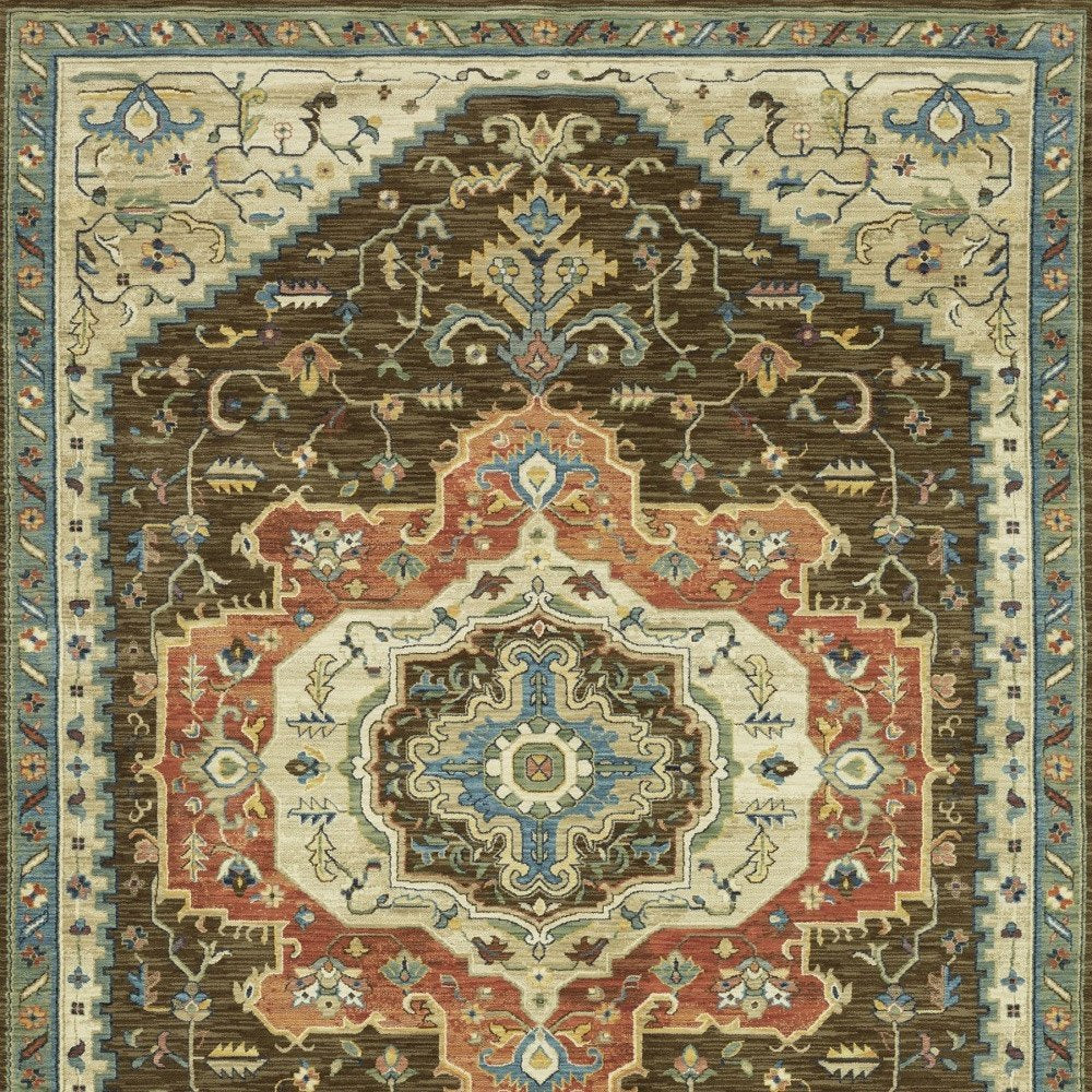 5' X 8' Brown And Orange Oriental Area Rug With Fringe