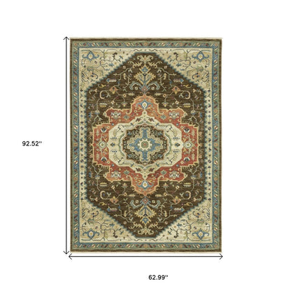 5' X 8' Brown And Orange Oriental Area Rug With Fringe