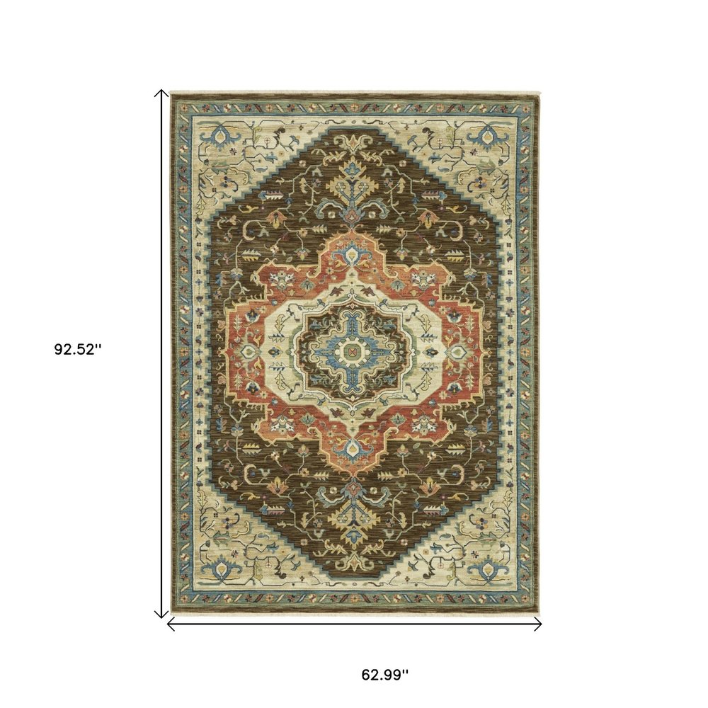 5' X 8' Brown And Orange Oriental Area Rug With Fringe