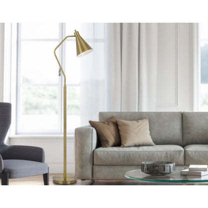 63" Antiqued Brass Metal Reading Floor Lamp With Antiqued Brass Metal Cone Shade