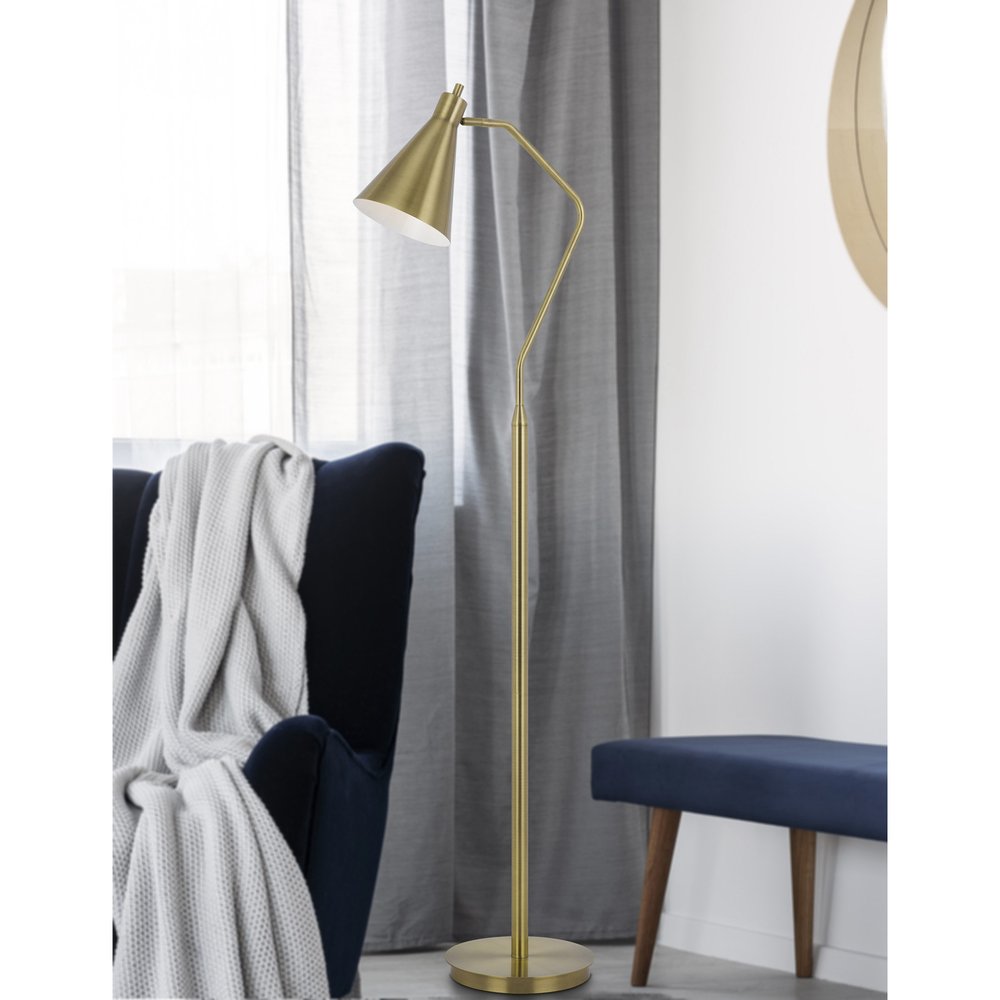 63" Antiqued Brass Metal Reading Floor Lamp With Antiqued Brass Metal Cone Shade