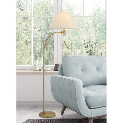 68" Antiqued Brass Metal Reading Floor Lamp With Off White Fabric Empire Shade