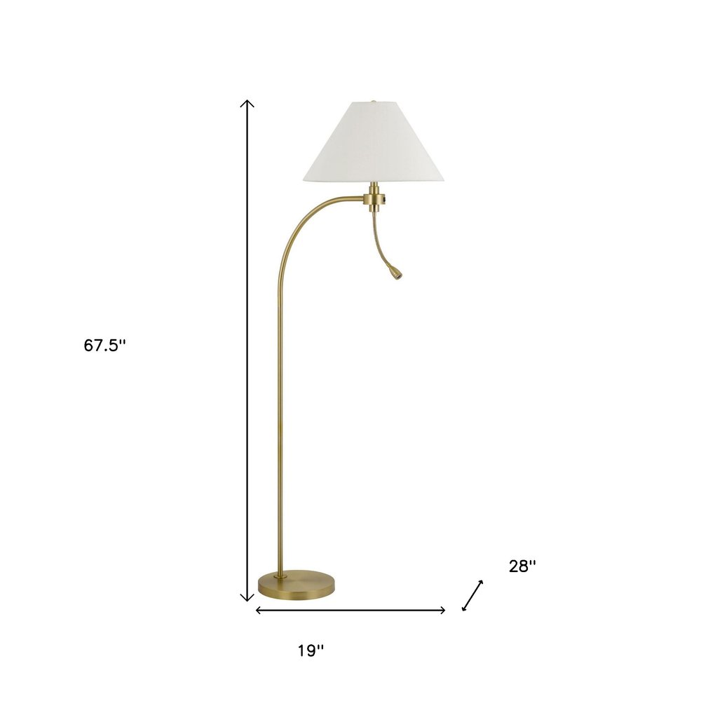 68" Antiqued Brass Metal Reading Floor Lamp With Off White Fabric Empire Shade
