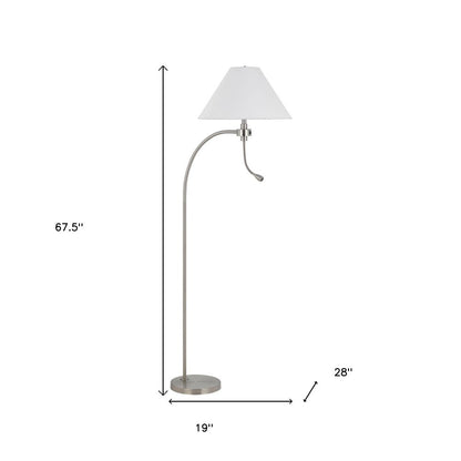 68" Nickel Metal Reading Floor Lamp With White Fabric Empire Shade
