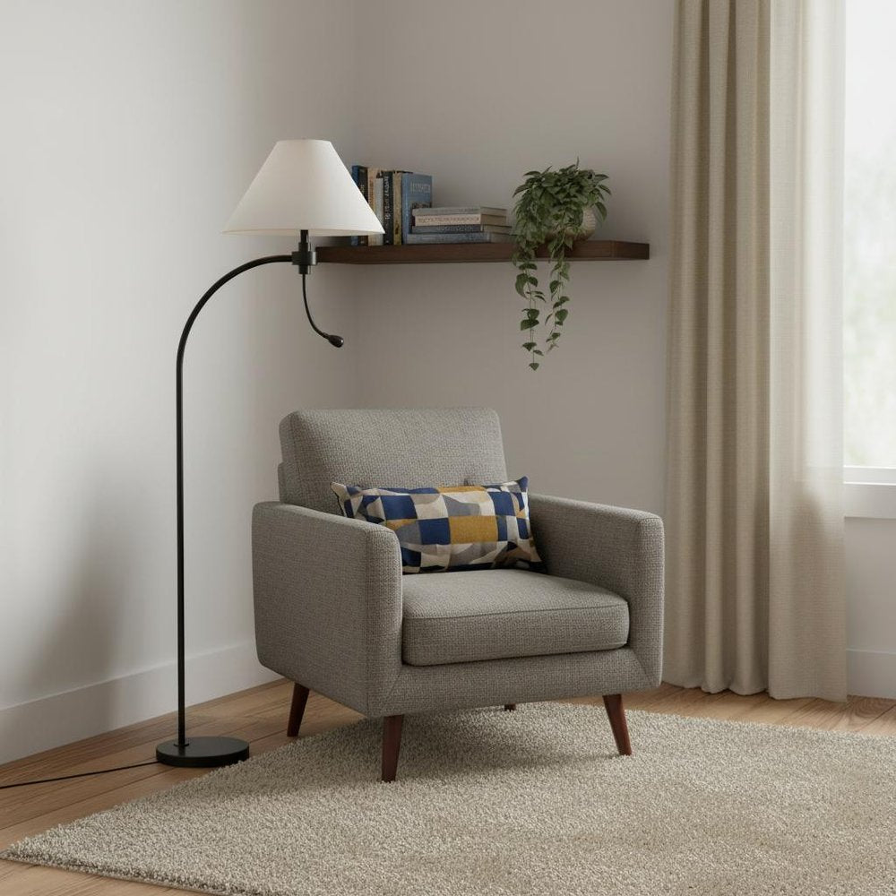 68" Bronze Metal Reading Floor Lamp With Off White Fabric Empire Shade