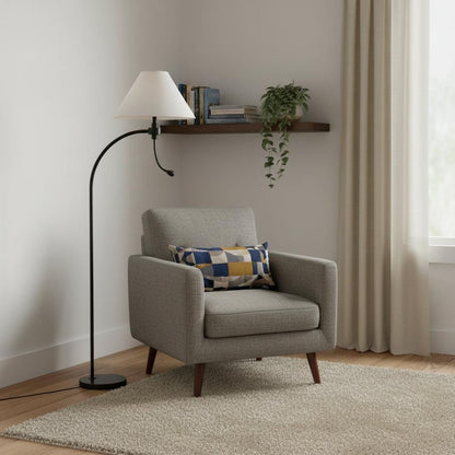 68" Bronze Metal Reading Floor Lamp With Off White Fabric Empire Shade