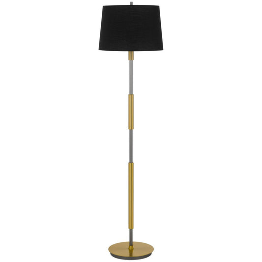 60" Antiqued Brass Metal Floor Lamp With Black Fabric Drum Shade
