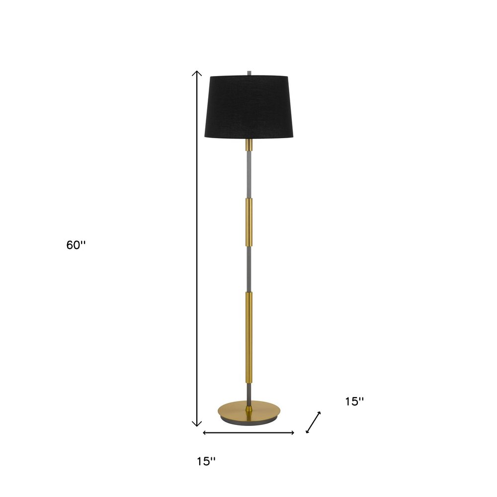 60" Antiqued Brass Metal Floor Lamp With Black Fabric Drum Shade