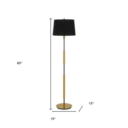 60" Antiqued Brass Metal Floor Lamp With Black Fabric Drum Shade