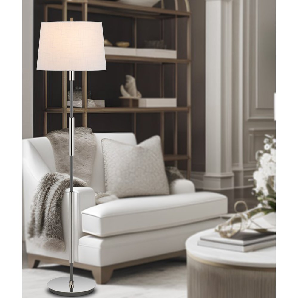 60" Silver Metal Floor Lamp With White Fabric Drum Shade