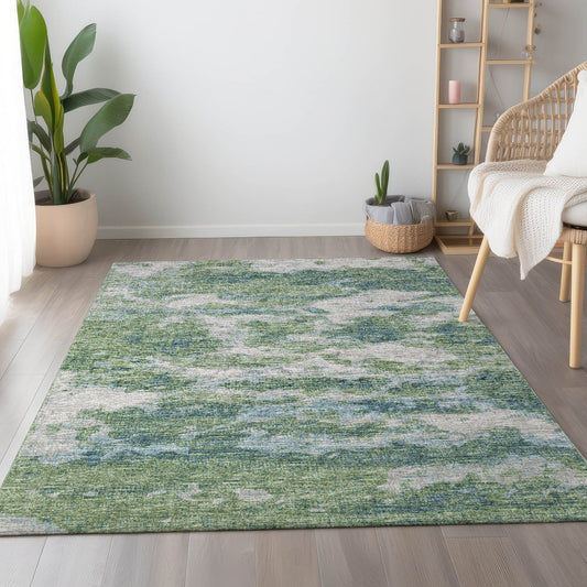 8' X 10' Green And Ivory Abstract Washable Area Rug With UV Protection