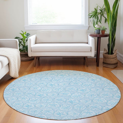 8' Blue And Ivory Geometric Washable Round Rug With UV Protection