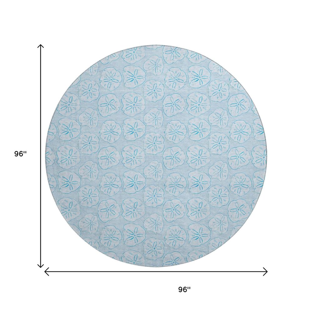 8' Blue And Ivory Geometric Washable Round Rug With UV Protection