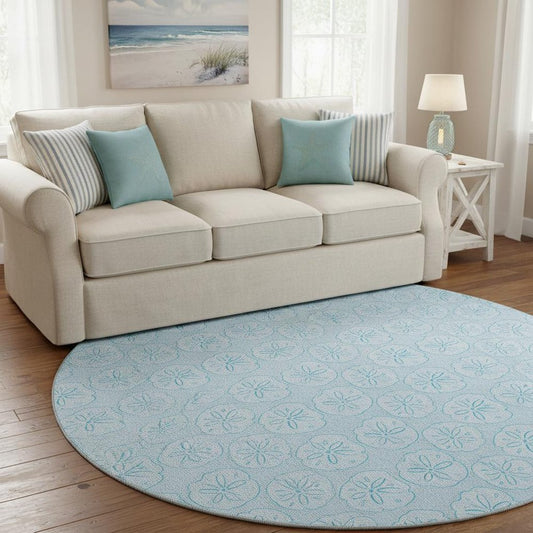8' Blue And Ivory Geometric Washable Round Rug With UV Protection