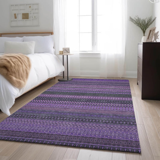 5' X 8' Purple And Ivory Striped Washable Area Rug With UV Protection
