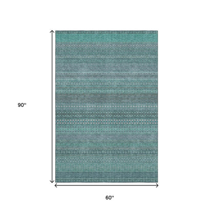 5' X 8' Turquoise And Ivory Striped Washable Area Rug With UV Protection