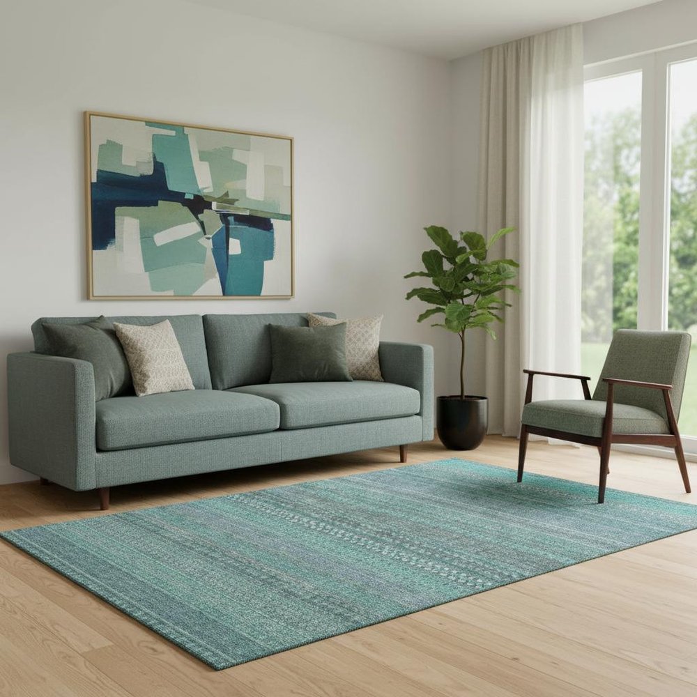 5' X 8' Turquoise And Ivory Striped Washable Area Rug With UV Protection