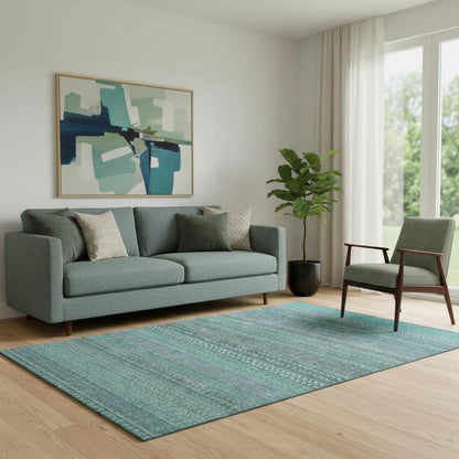 5' X 8' Turquoise And Ivory Striped Washable Area Rug With UV Protection