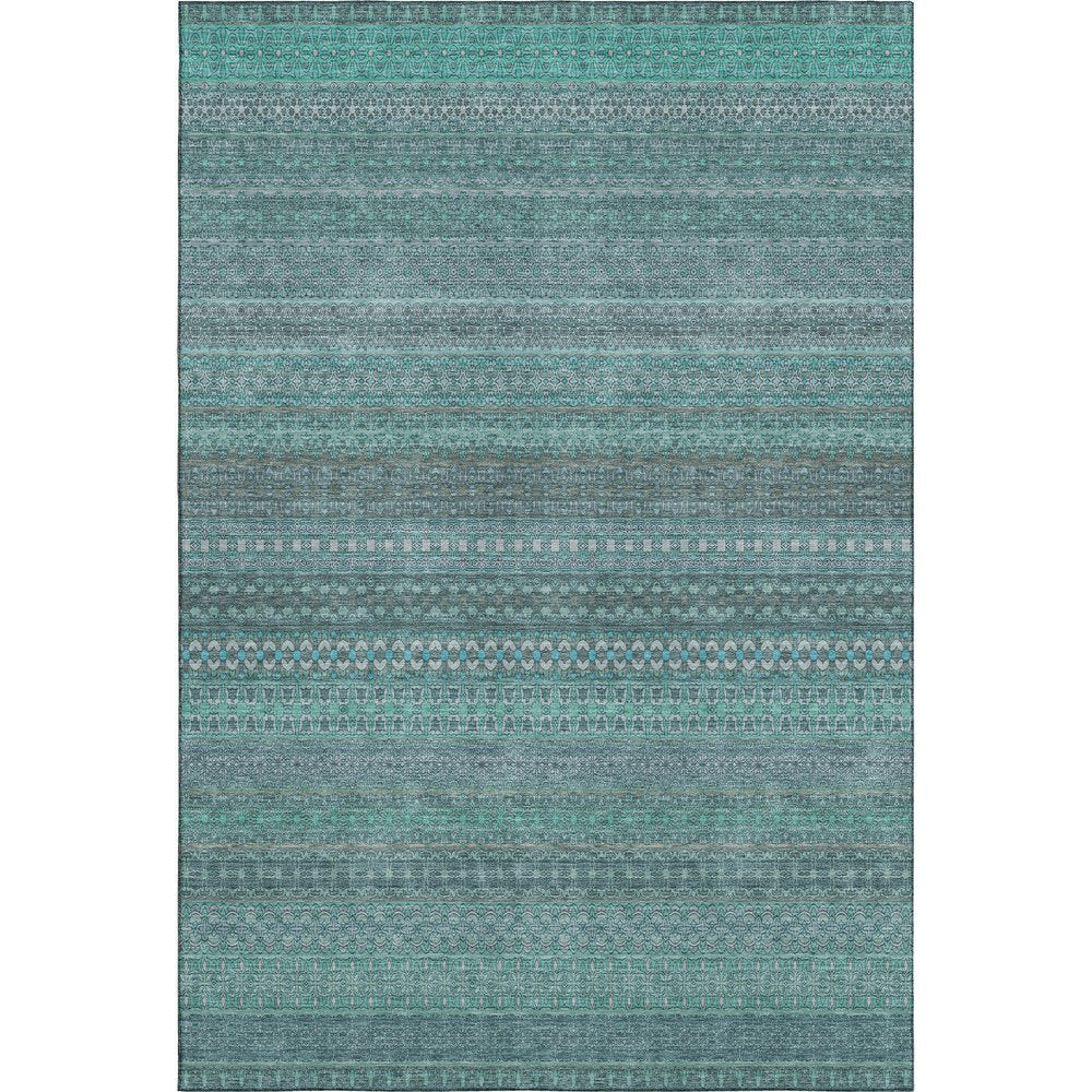 5' X 8' Turquoise And Ivory Striped Washable Area Rug With UV Protection