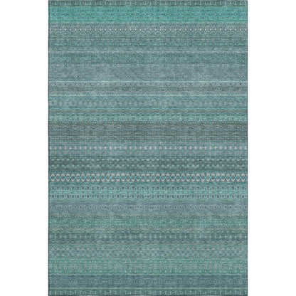 5' X 8' Turquoise And Ivory Striped Washable Area Rug With UV Protection