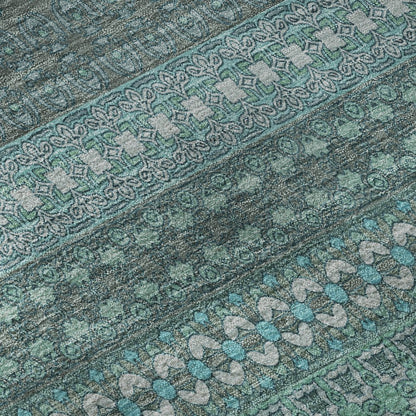 5' X 8' Turquoise And Ivory Striped Washable Area Rug With UV Protection