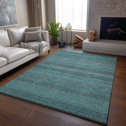 5' X 8' Turquoise And Ivory Striped Washable Area Rug With UV Protection