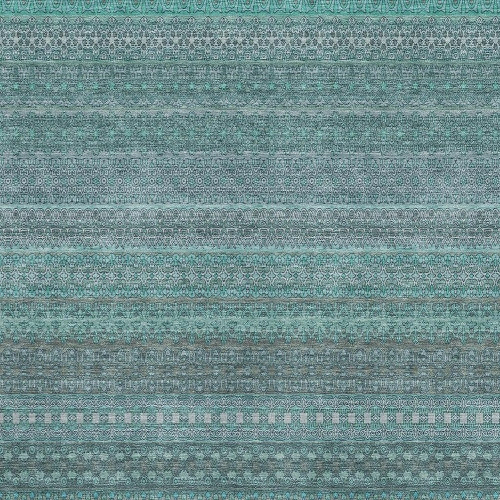 5' X 8' Turquoise And Ivory Striped Washable Area Rug With UV Protection