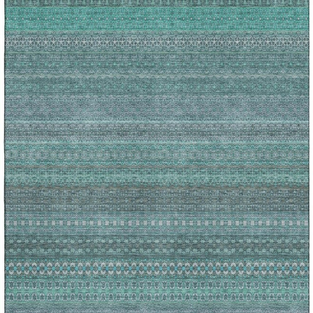 5' X 8' Turquoise And Ivory Striped Washable Area Rug With UV Protection