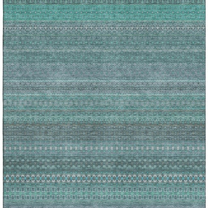 5' X 8' Turquoise And Ivory Striped Washable Area Rug With UV Protection