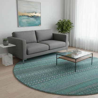 8' Turquoise And Ivory Striped Washable Round Rug With UV Protection