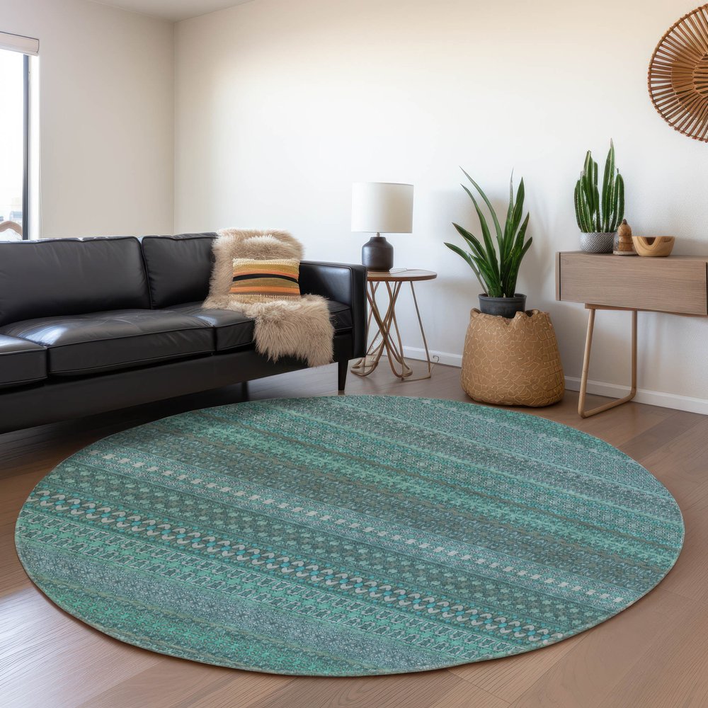8' Turquoise And Ivory Striped Washable Round Rug With UV Protection