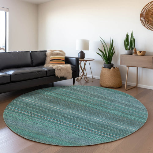 8' Turquoise And Ivory Striped Washable Round Rug With UV Protection