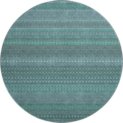 8' Turquoise And Ivory Striped Washable Round Rug With UV Protection