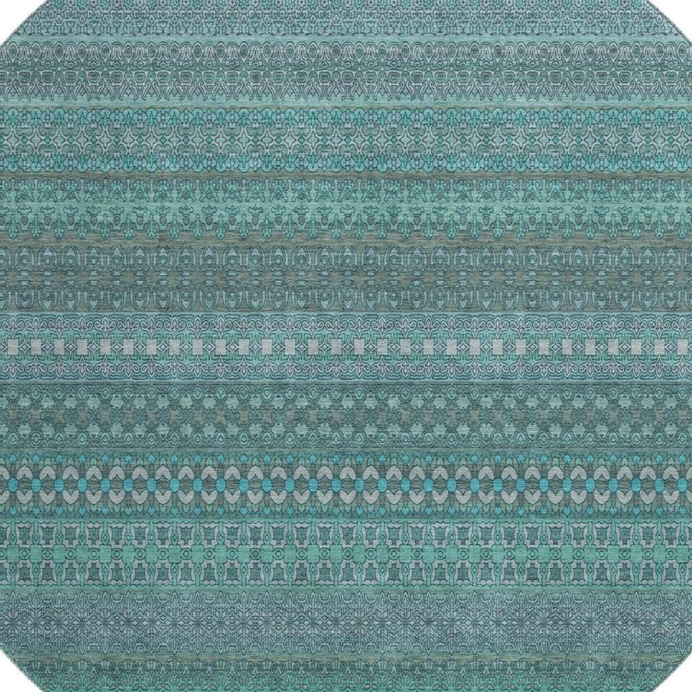 8' Turquoise And Ivory Striped Washable Round Rug With UV Protection