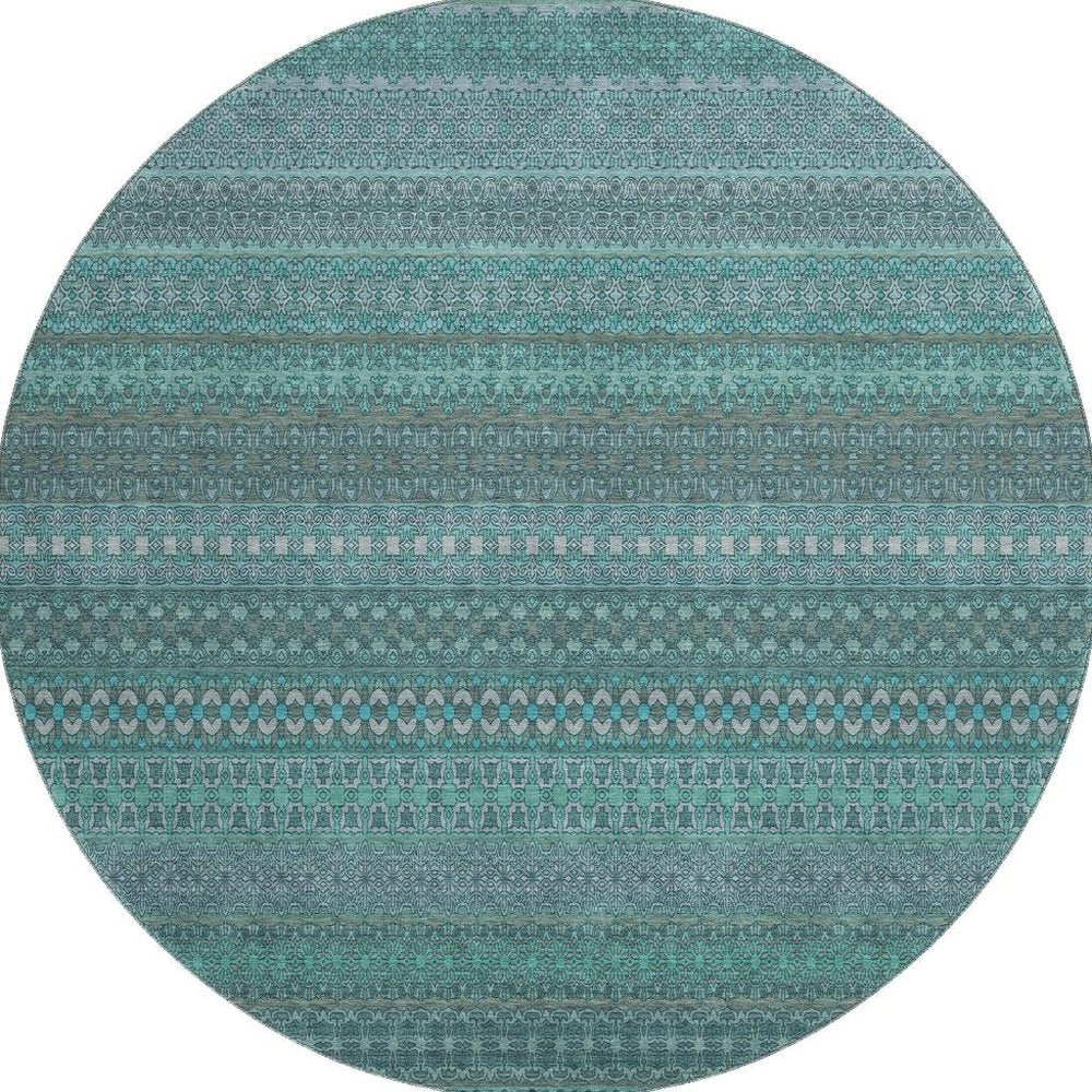 8' Turquoise And Ivory Striped Washable Round Rug With UV Protection