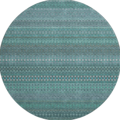 8' Turquoise And Ivory Striped Washable Round Rug With UV Protection