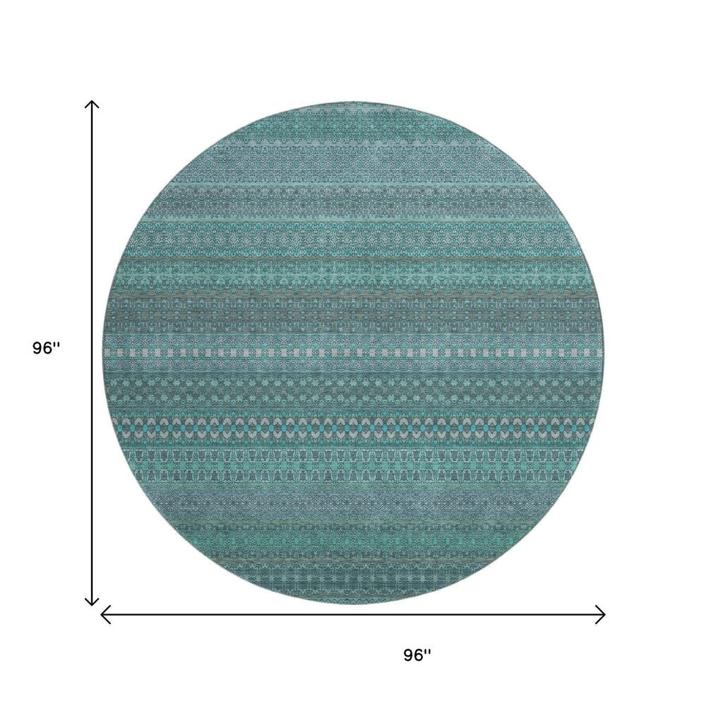 8' Turquoise And Ivory Striped Washable Round Rug With UV Protection