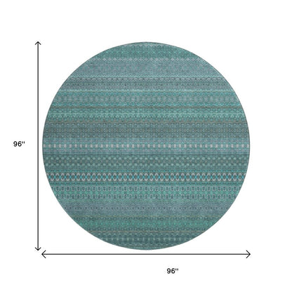 8' Turquoise And Ivory Striped Washable Round Rug With UV Protection