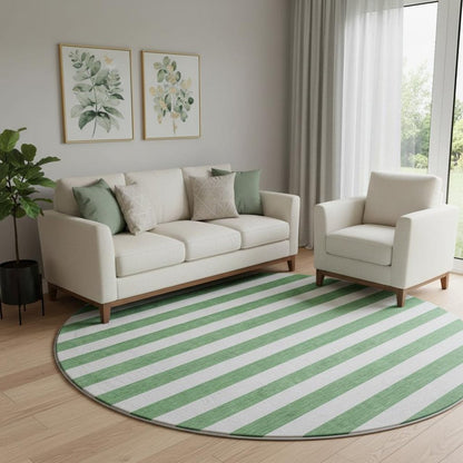 8' Green And Ivory Striped Washable Round Rug With UV Protection