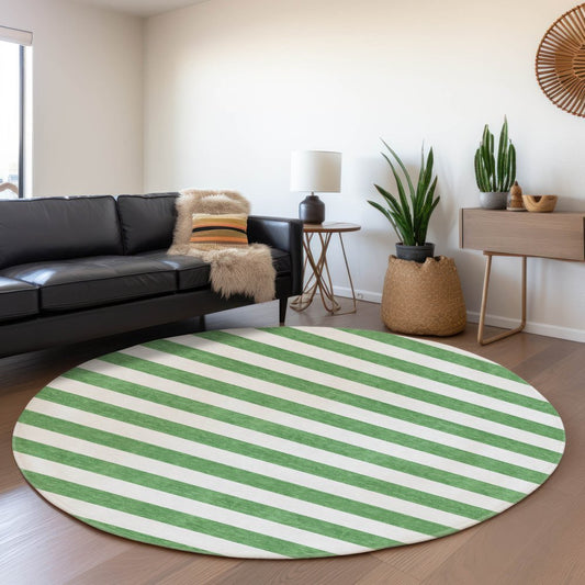 8' Green And Ivory Striped Washable Round Rug With UV Protection