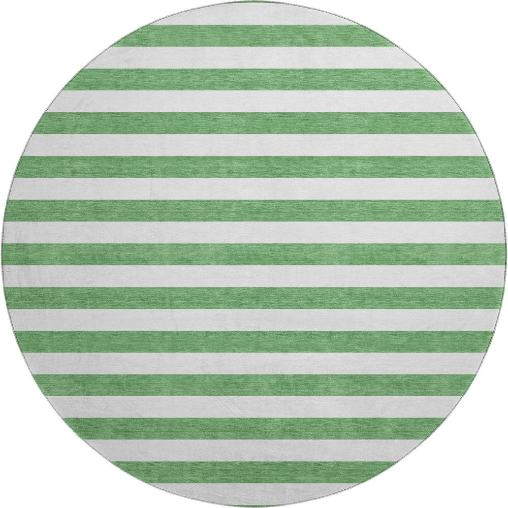 8' Green And Ivory Striped Washable Round Rug With UV Protection