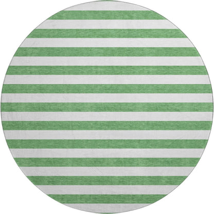 8' Green And Ivory Striped Washable Round Rug With UV Protection